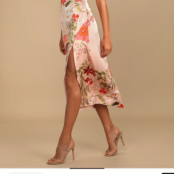 Lulu's Pink Floral Satin Midi Dress with Side Slit - Picture 5 of 5